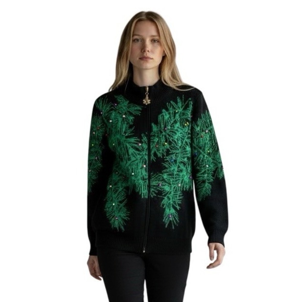 Berek Christmas Cardigan Sweater Women's M Full Zip Jingle Bell Ornaments Party